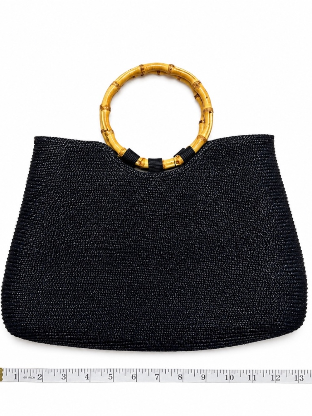 Navy Blue Woven Straw Handbag Bamboo Handles Coastal Resort Purse EUC